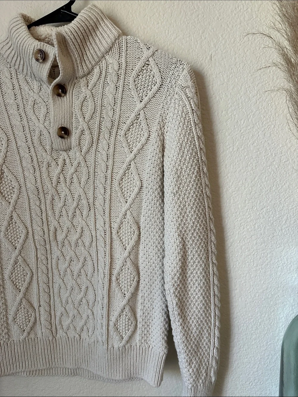 GAP Cream Cable-Knit Mock Neck Sweater with Button Placket